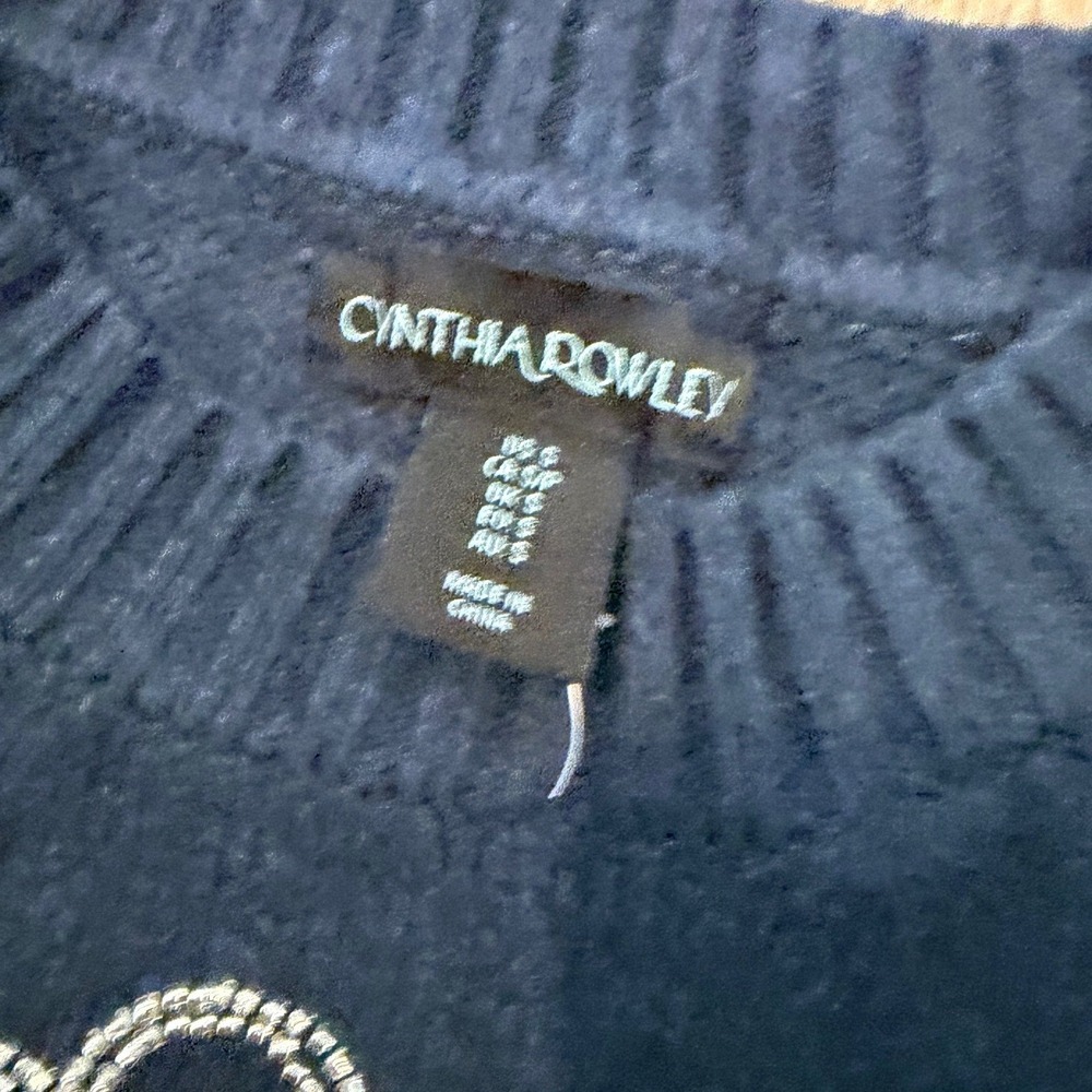 NWT Cynthia Rowley Women's Navy Blue Floral Beaded Crewneck Sweater Small - Picture 3 of 10